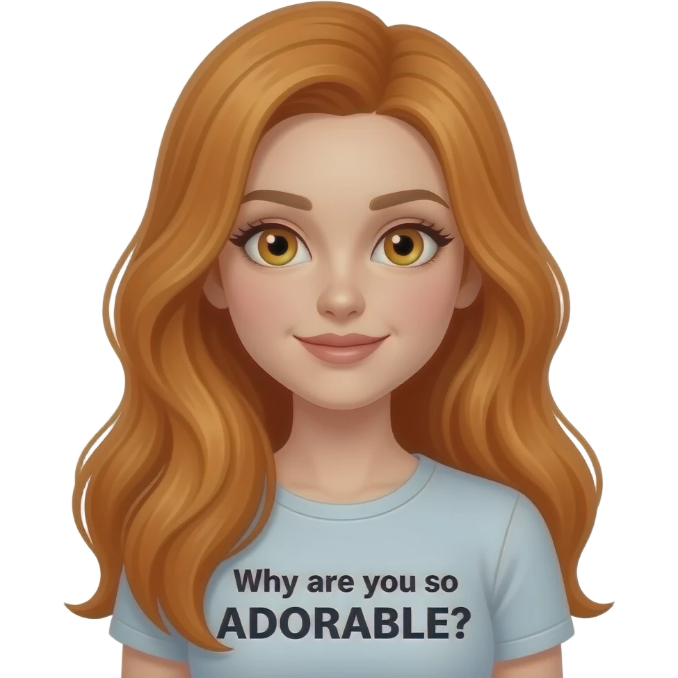 sexy girl with overlong ginger hair and ginger eyes a top with Why are you so ADORABLE? written on it emoji