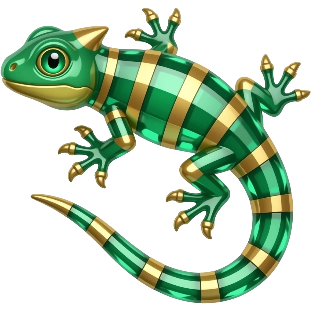 3D render of the Lizord designed in glossy emerald green crystal with gold metallic accents. Clean white background. emoji