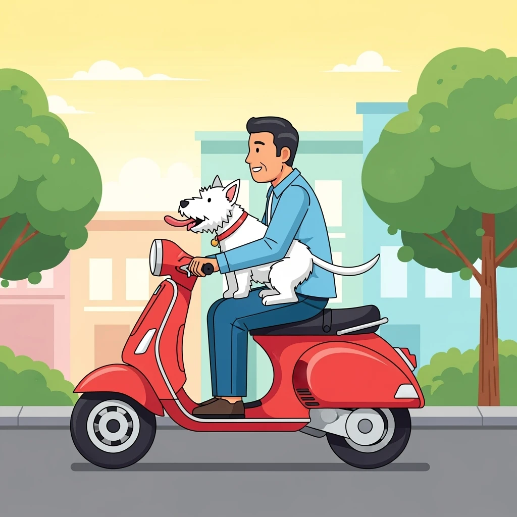 vector art of a man and his pet dog riding a vespa, for website design emoji