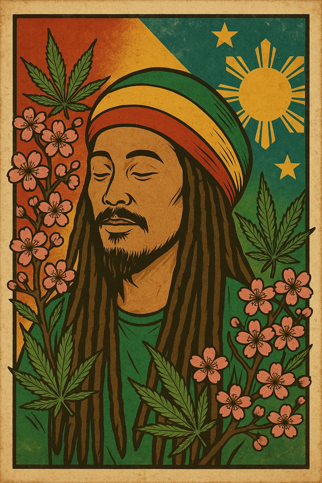 Vintage poster of an Asian Rasta with long dreadlocks, peaceful eyes, and a red-gold-green tam. Surrounded by cherry blossoms and ganja leaves. Background blends Rasta colors into an Asian flag (e.g., red sun from Japan or Chinese star). Retro reggae fusion vibe, with bold lines and aged paper texture. Philippines 
 emoji