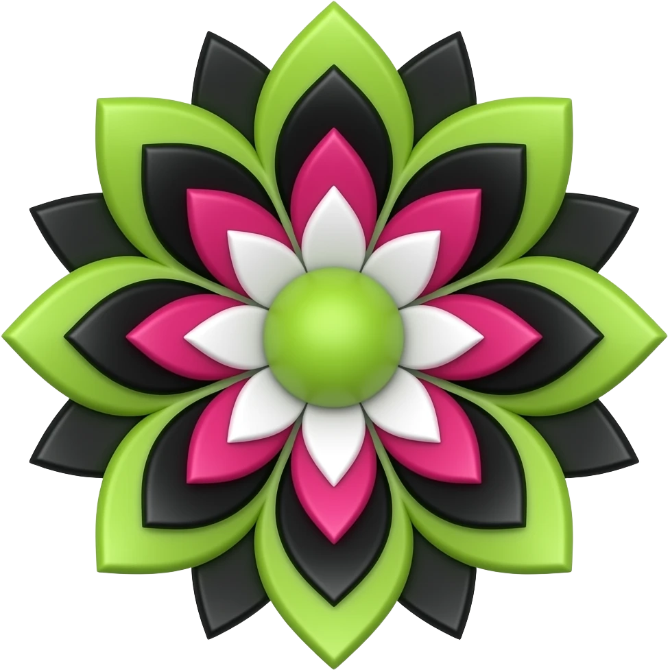 Hyper-realistic lime green to black to hot pink, to white, flower shaped mandala pattern, high definition, no emoji faces, no emoji icons, no human figures. emoji