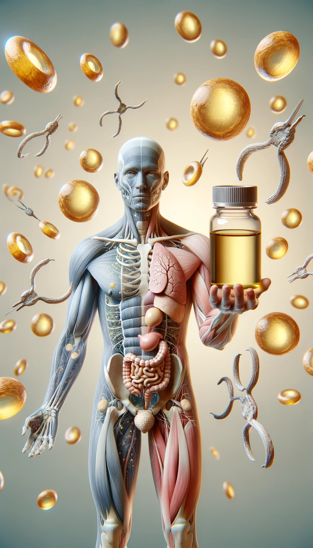 corpo umano anatomico tiene in mano l'olio di enotera, intorno a lui fluttuano particelle di ormoni umani, sfondo neutro chiaro, iperrealistico 4k emoji