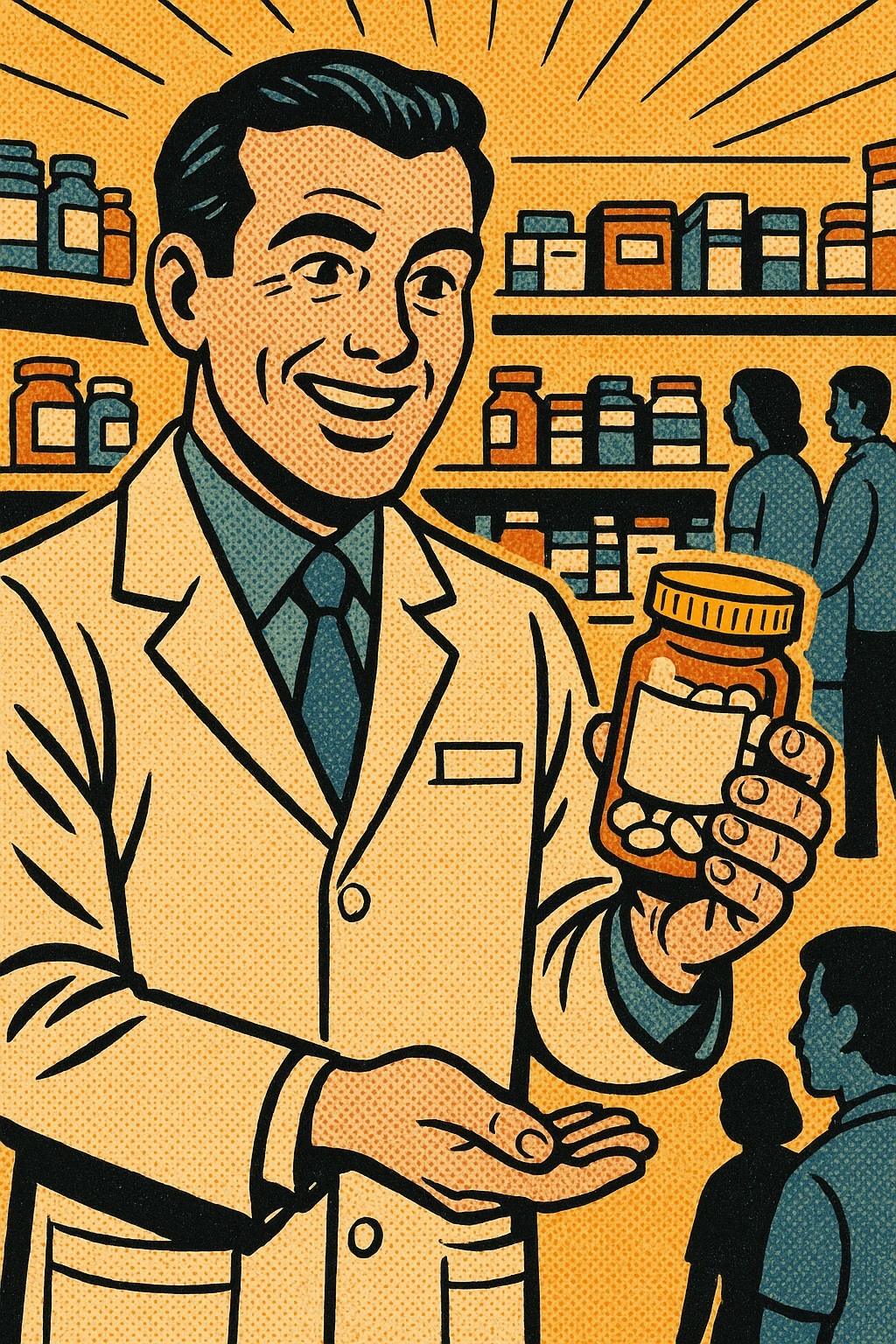 the full body of a A friendly modern day male pharmacist holding a jar of pills of  in his hand. In the background are shelves of other medications in the pharmacy with patients waiting to be served emoji