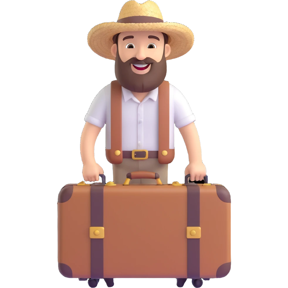 bearded man with straw hat, suitcase, travel vibe, smiling emoji