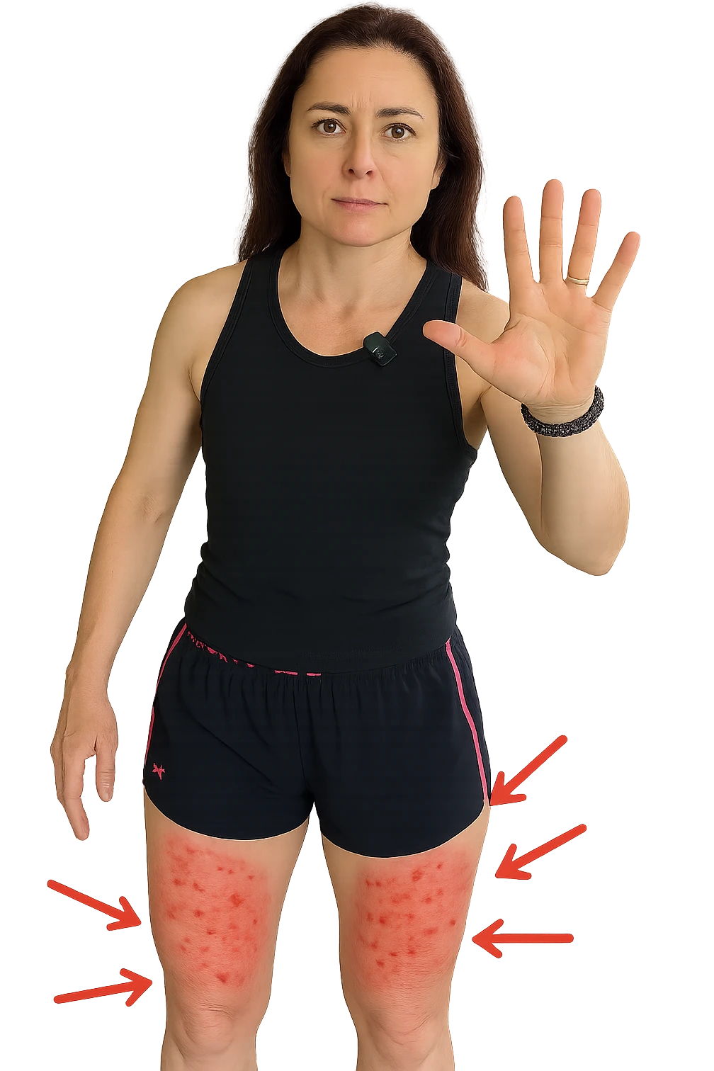 Donna con cellulite sulle cosce indica le cosce che sono infiammate di cellulite con frecce ad indicare  senza mano alzata come in foto. emoji
