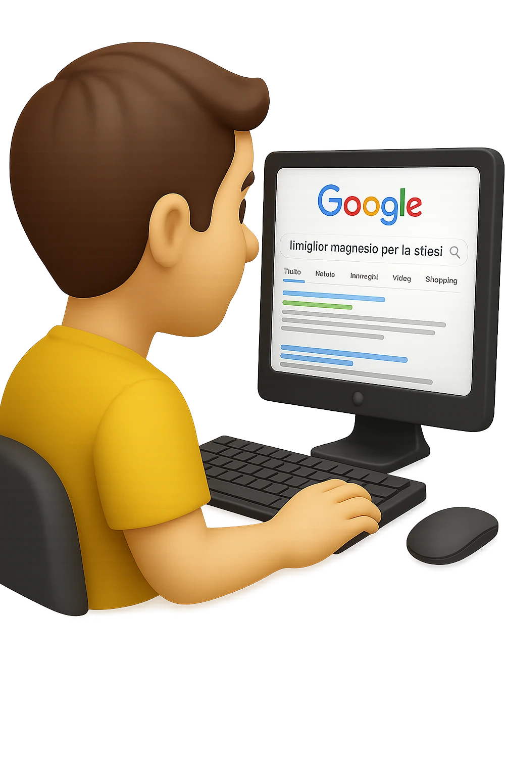 emoji stile iphone di un uomo davanti al pc che cerca di google: "Il miglior magnesio per la stipsi", iperrealistico 4k emoji