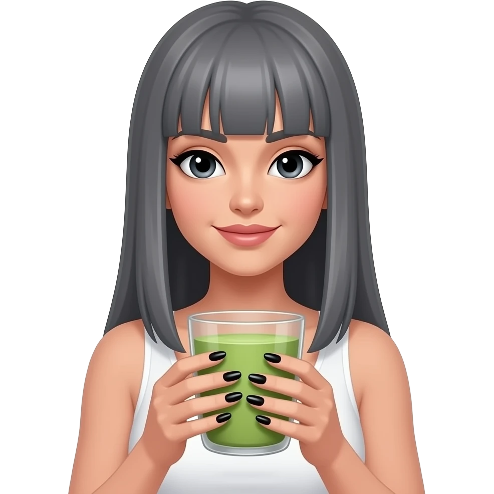 lady with black eyes and extremely long straight grey hair no bangs, long black nails, holding a HUGE matcha, and wearing a white top emoji