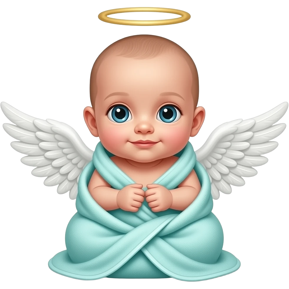 Newborn baby boy wrapped in an aqua towel with halo and angel wings with no hair emoji
