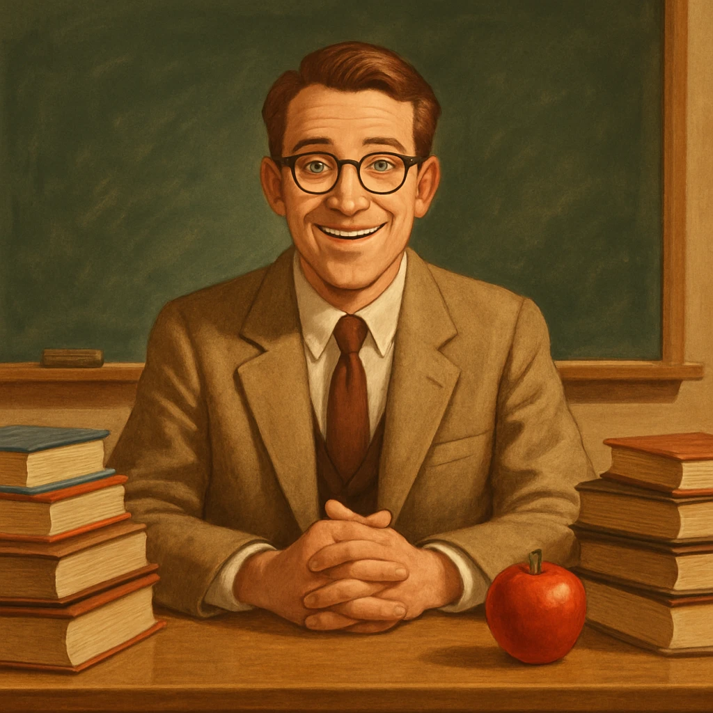 A teacher character at a desk, surrounded by books and an apple, welcoming expression, classic school vibe. emoji