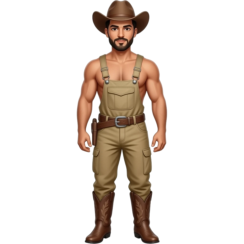 Sexy arab muscle man in khaki overalls cowboy hat in cowboy boots shirtless emoji