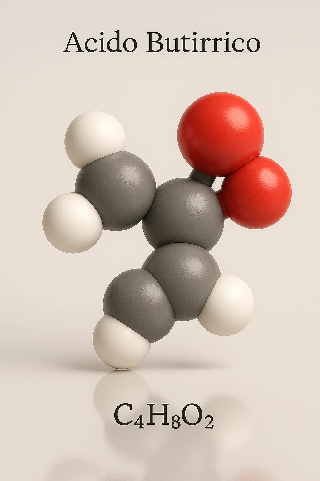 a detailed space-filling model of butyric acid, with each atom color-coded (carbon: gray, hydrogen: white, oxygen: red). The molecule is centered and slightly rotated to show depth, with a subtle reflection on the surface below. The name “Acido Butirrico” and the formula C4H8O2 appear as clear labels. emoji