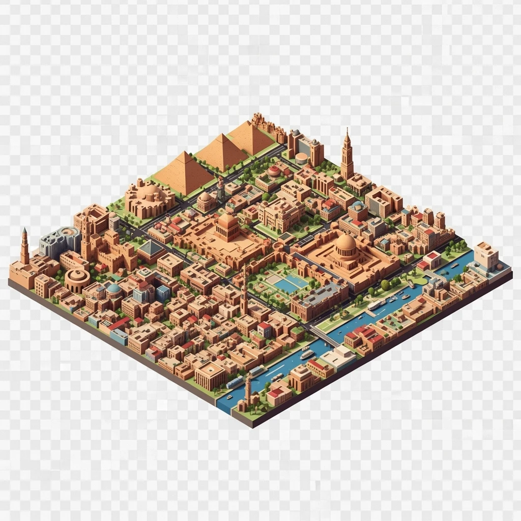 Isometric minimalistic illustration of Cairo, subtle 3D miniature effect and Tilt Shift effect, no cartoonish look, transparent background. emoji