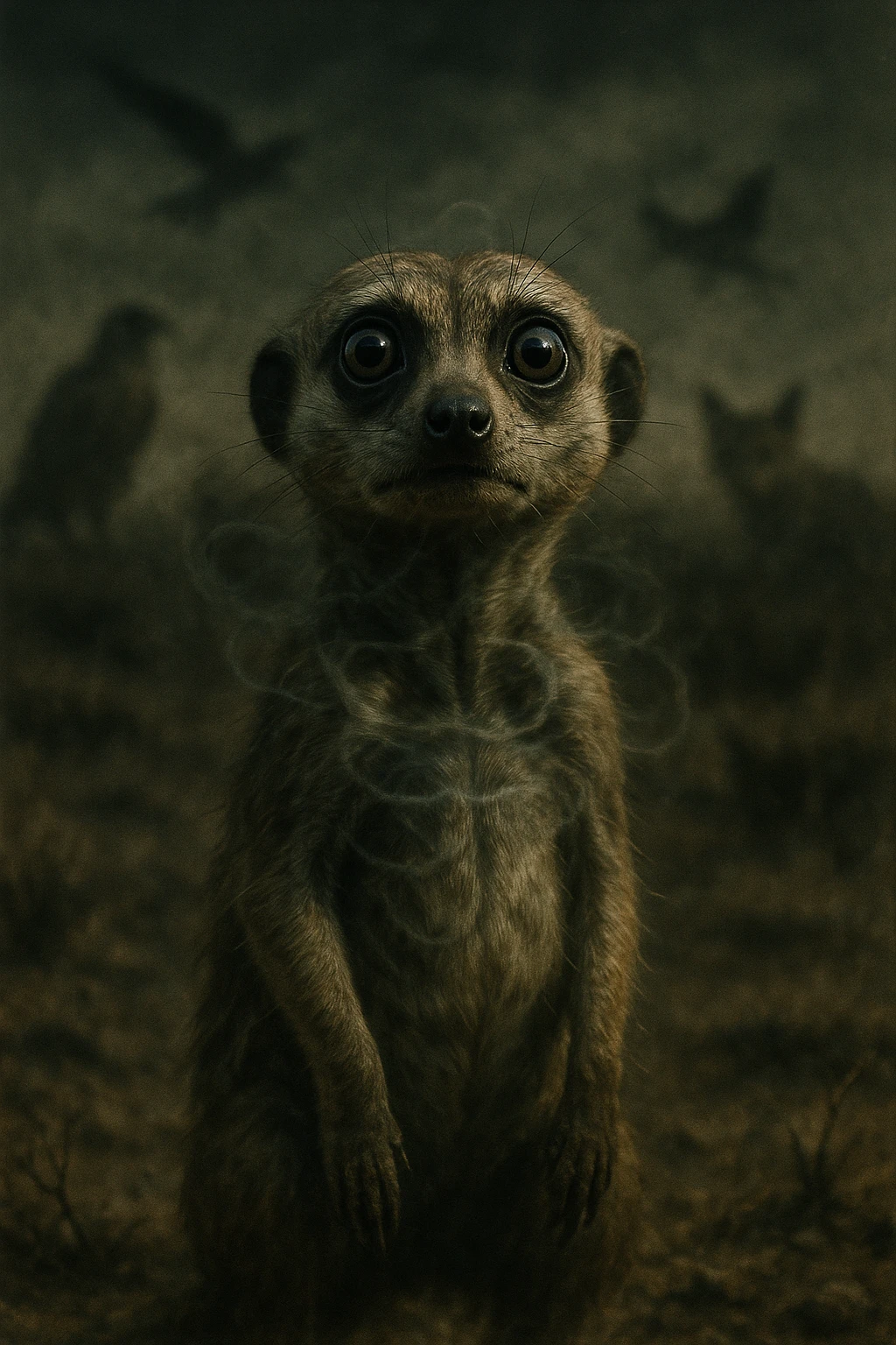 A hyperrealistic, cinematic illustration of a small wild animal, such as a rabbit or a meerkat, with wide, alert eyes and tense body posture, standing in a dry, rugged environment with predators lurking in the shadows. The animal's chest is visibly rising and falling rapidly, representing short, shallow breathing due to constant fear and vigilance. The background is dimly lit, with faint shadows of predators like hawks or foxes barely visible, symbolizing the ever-present threat. Around the animal, subtle visual representations of tension and stress appear as tight, dark rings or smoke near its chest and head, while the environment feels heavy and oppressive. The color palette is muted earth tones, with sharp focus on the animal’s tense face and rapidly moving chest, while the environment around is slightly blurred, emphasizing the feeling of isolation and perpetual fear. The style is 35mm film hyperrealistic with a storytelling, National Geographic documentary aesthetic, capturing the concept of an animal constantly living in fight-or-flight, breathing fast and shallow to survive emoji
