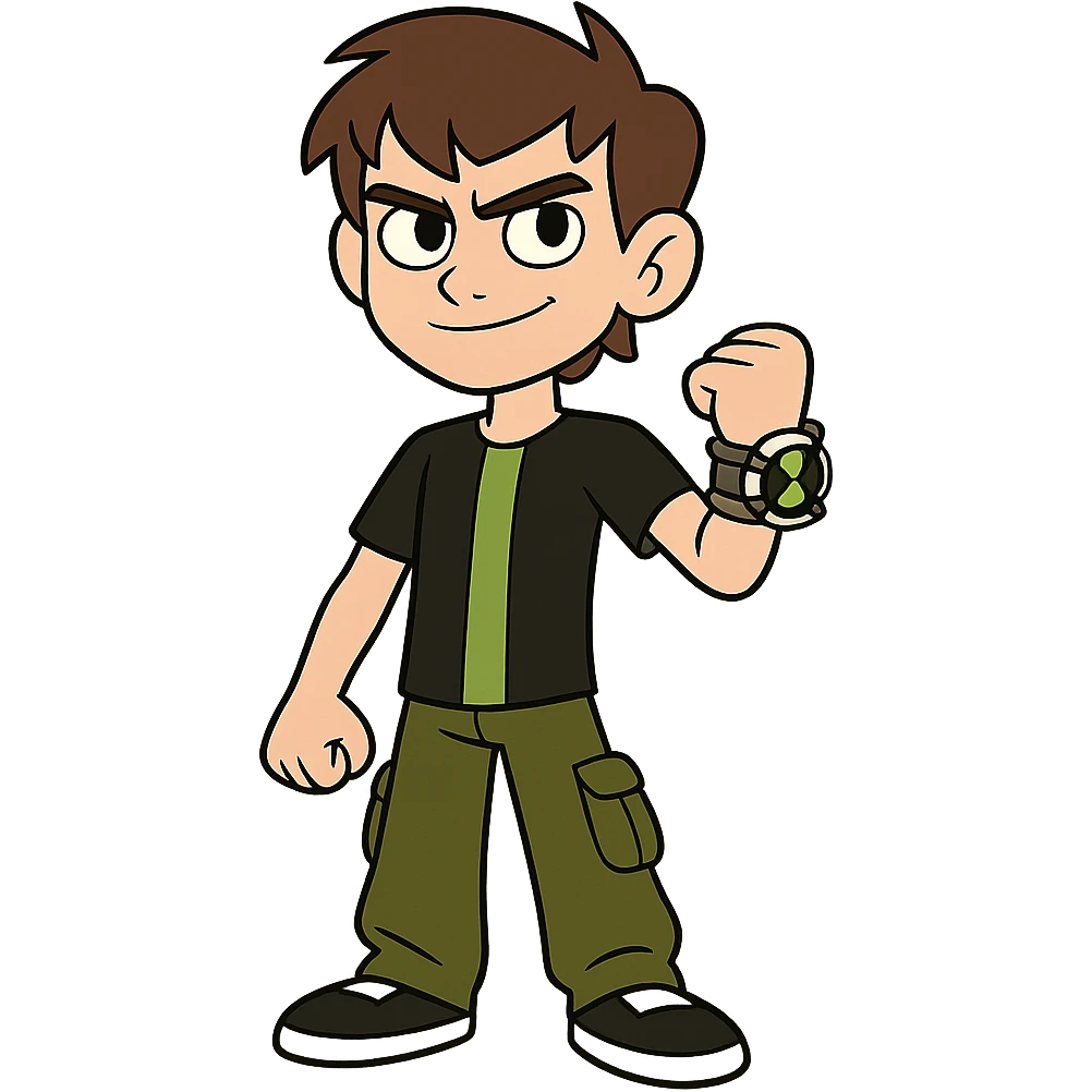 Ben 10 character in cartoon style, green and black outfit, Omnitrix on wrist, confident pose emoji