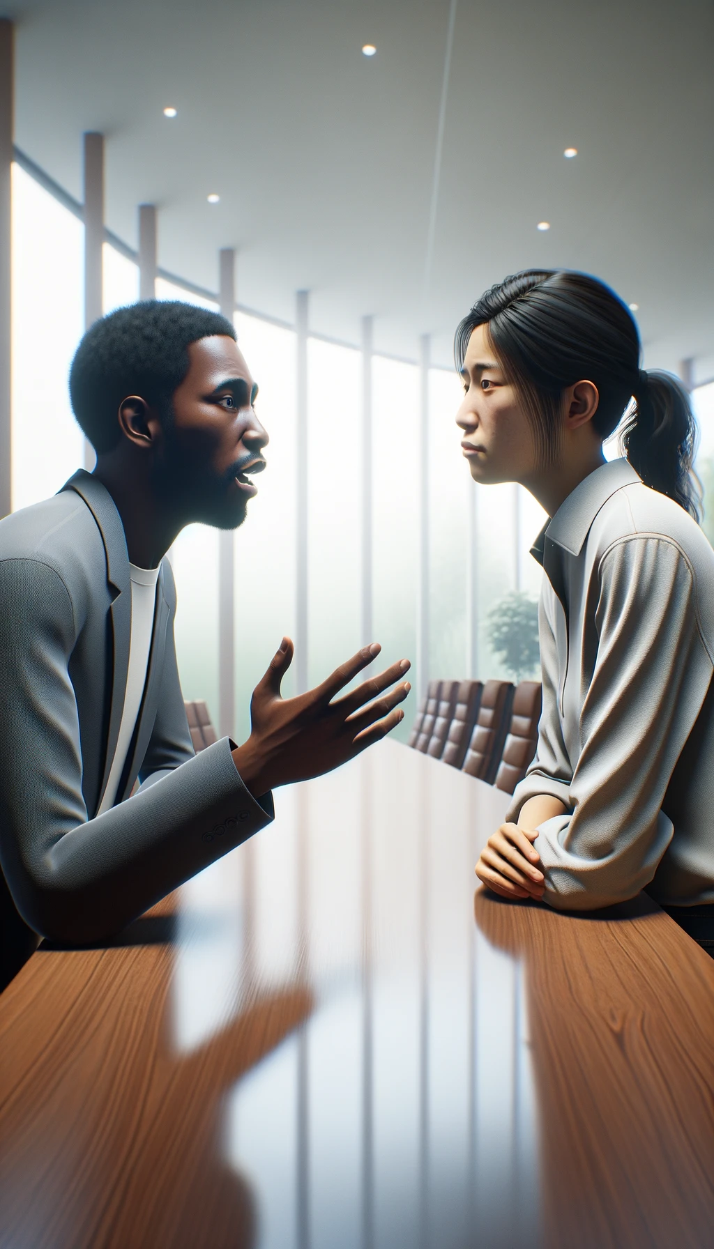 una persona parla e un altra persona di spalle lo ascolta, immagine iperrealistica 4k, sfondo chiaro emoji