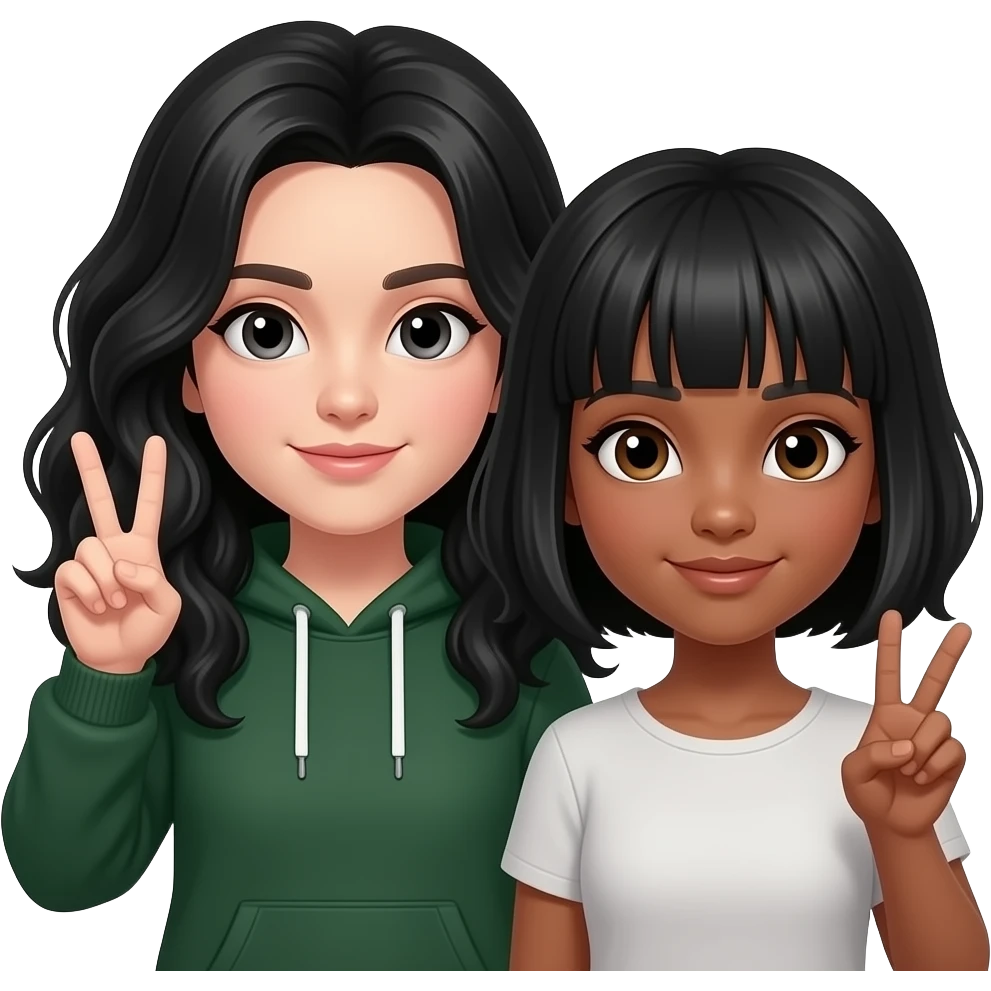 a wihte short (height) girl w dark green hoddie, black wavy tall hair w making the ✌🏻 another White, slightly dark brown  girl w black short hair n bangs making the ✌🏻 w her n there close to each other emoji