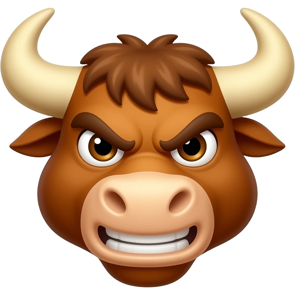 Bull's Tavern: 3D emoji style, glossy surface, soft shadows, white background, centered, no text, angry bull character, confident smirk, amber color emoji