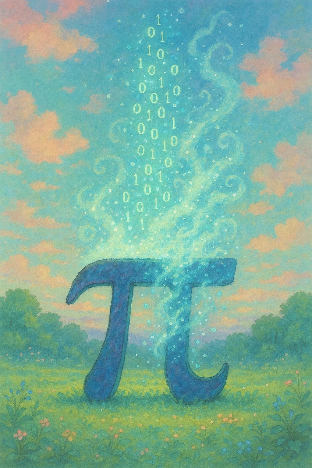  combine the π (pi) math symbol, binary code, and digital mist emerging from it. emoji
