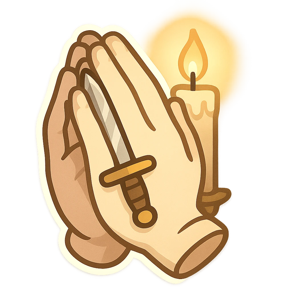 two pale hands folded as if in prayer, hiding a small dagger between them, glowing softly under candlelight, inspired by religious stillness and hidden violence, soft golden and shadow tones, chibi-style, discord emote style emoji
