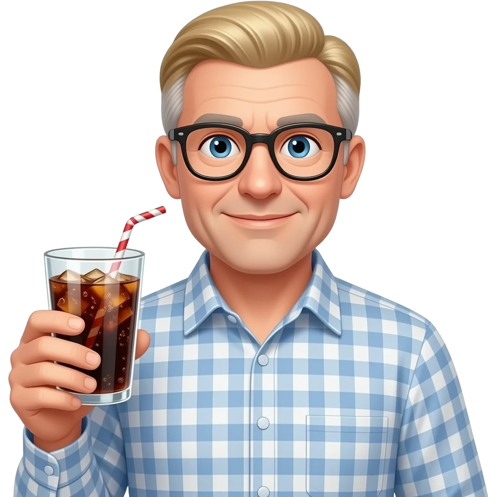 white nerdy man with no beard in his 60s round face - wearing a button down -- with blond salt and pepper hair holding a cup of soda emoji