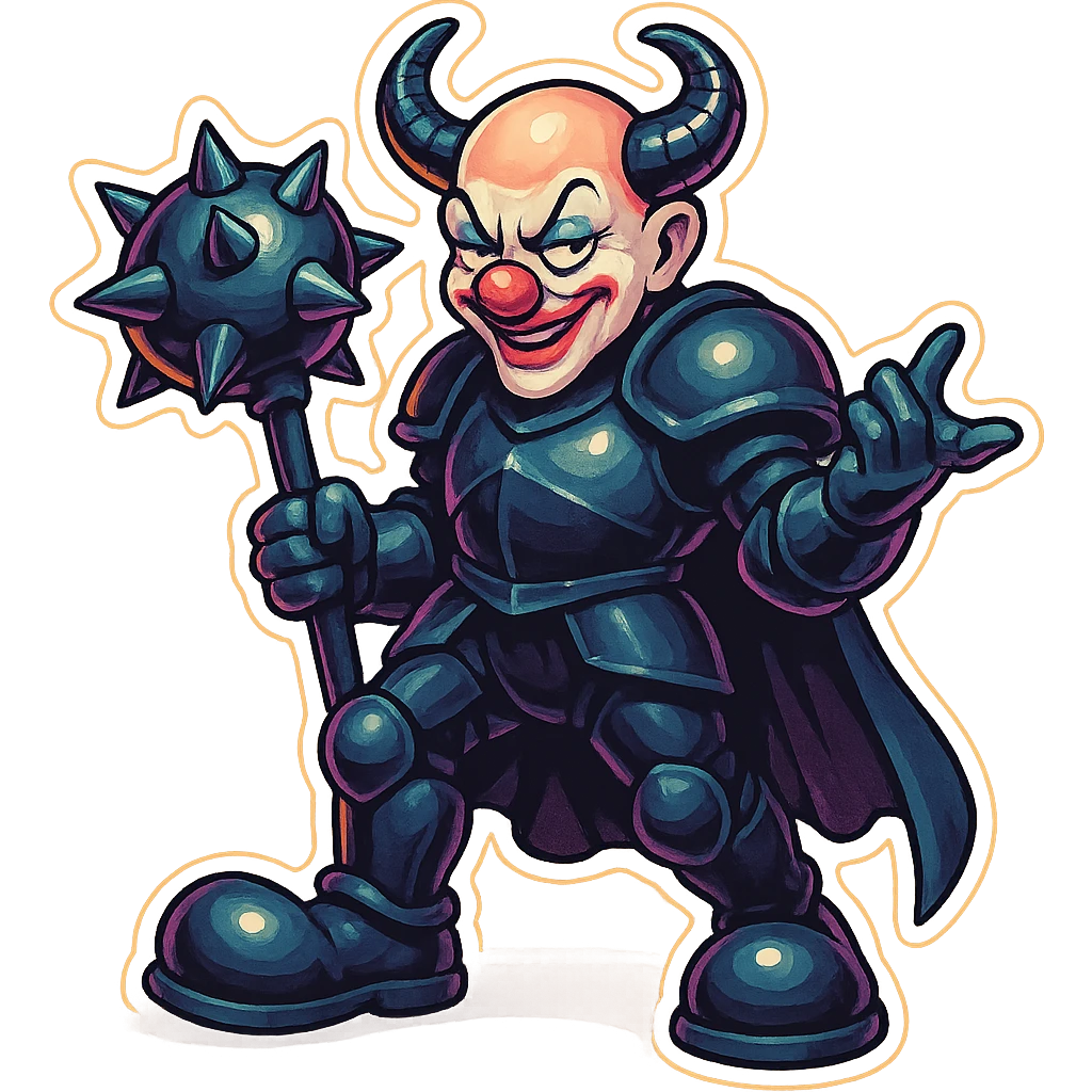 An evil armored clown with no hair, ram horns pointing up, glossy black on matte black armor, short cape, large black clown shoes, standing with one foot forward, one arm down holding an oversized spiked mace, the other hand gesturing as if explaining something, eyes half-closed, sinister grin, vibrant retro stickers style, no yellow aged tint, full body, transparent background, reference images included emoji