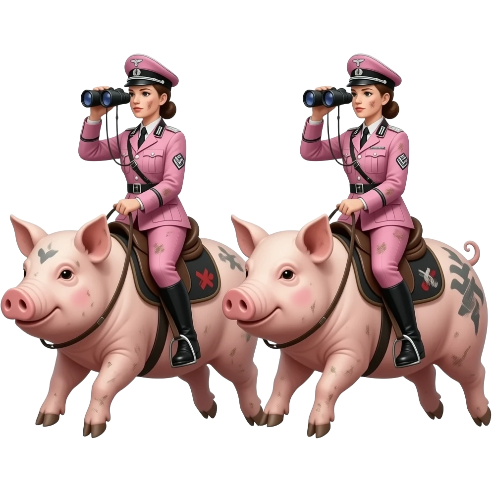 cinematic realistic - Two skinny and dirty female riders in pink World War II German army uniforms ride jumps on large tattooed pigs with photo-binoculars in their hands emoji