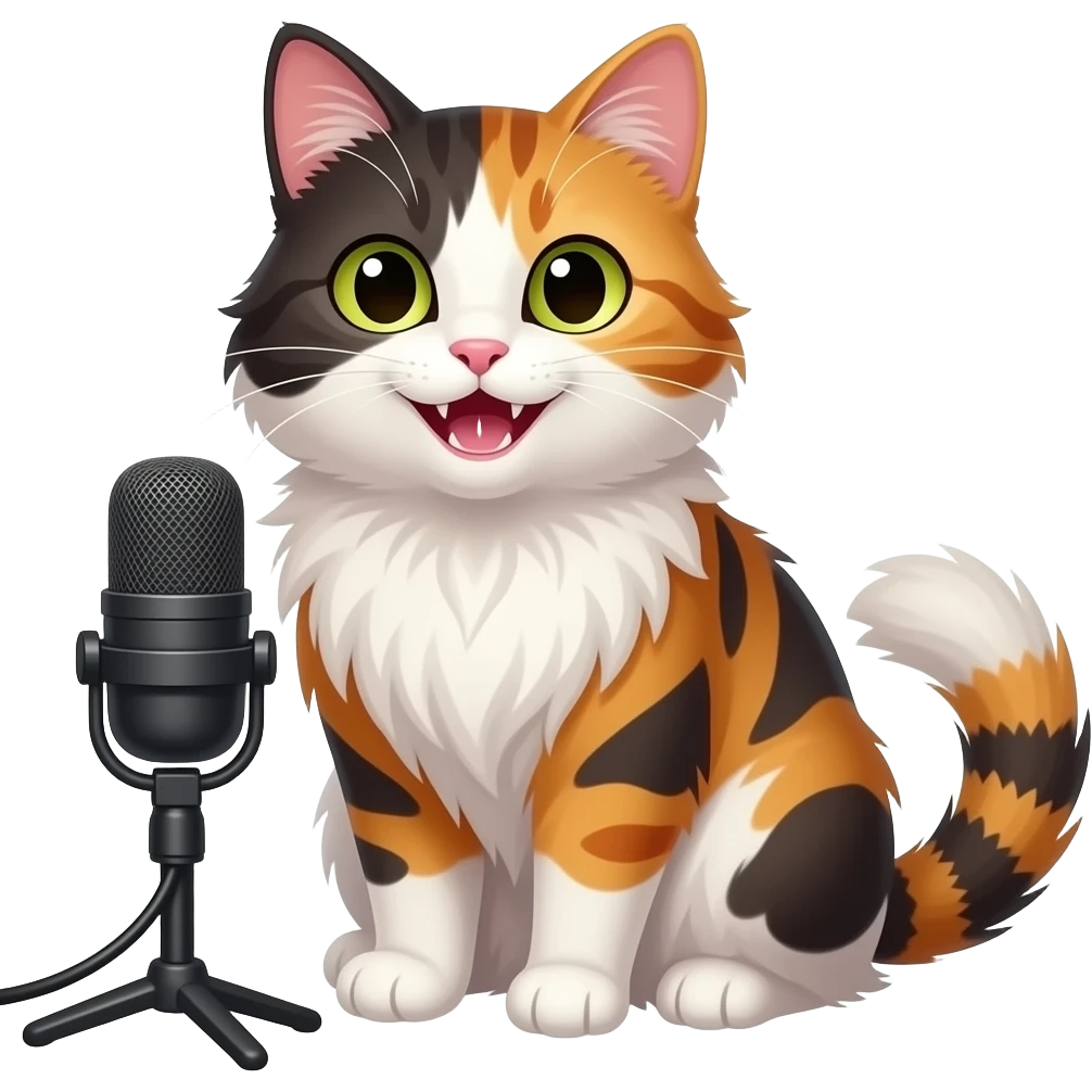 smiling extremely long-haired calico cat podcaster emoji