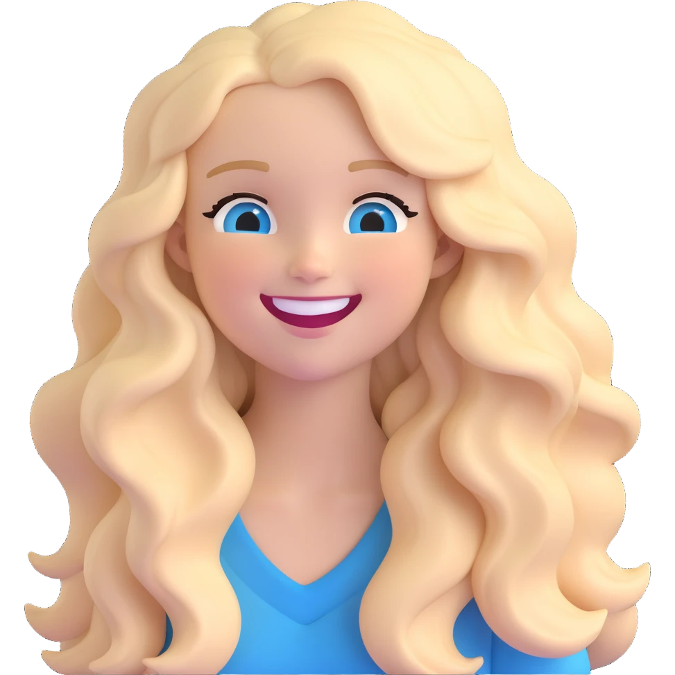 3D emoji of a white girl with long wavy blonde hair, blue eyes, laughing emoji