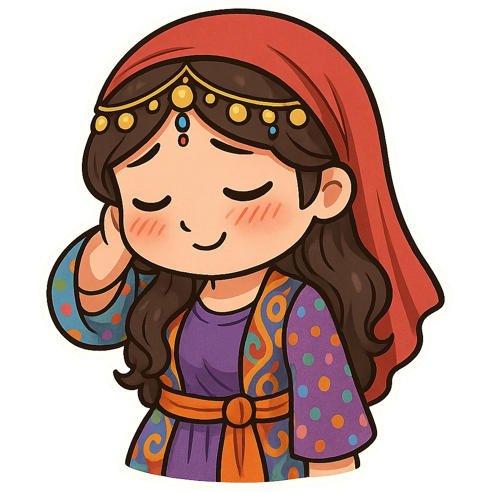 Cartoon sticker of a Kurdish woman in traditional Kurdish female clothing, colorful and cheerful style. Face showing shy and embarrassed expression with red cheeks, looking down or to the side, hand behind head or hand on cheek. No shadows or color halos around the image, no text, suitable for WhatsApp and Instagram, fully transparent background. emoji