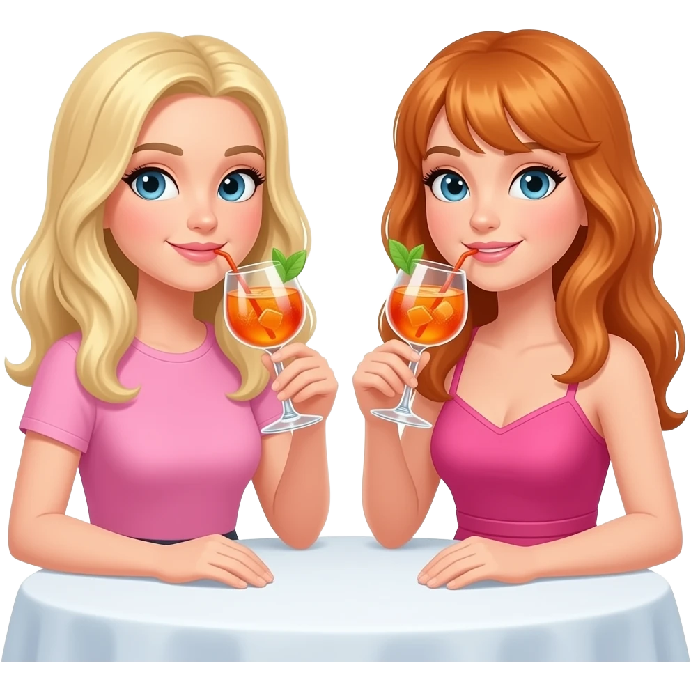 2 girls, one blonde and one ginger drinking Aperol spritz in a wine glass, one in pink top and one in pink dress emoji