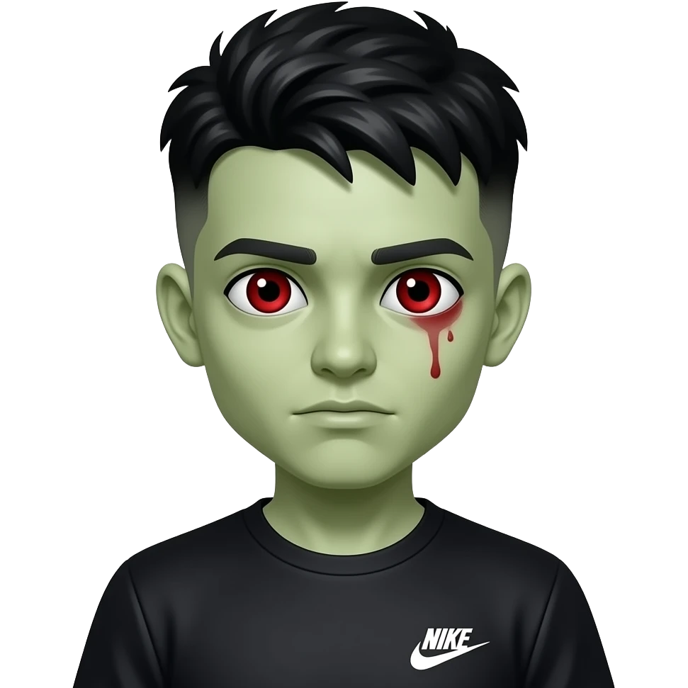 zombie boy with a black taper fade haircut, pale green skin, black nike tech,and red bloody eyes emoji