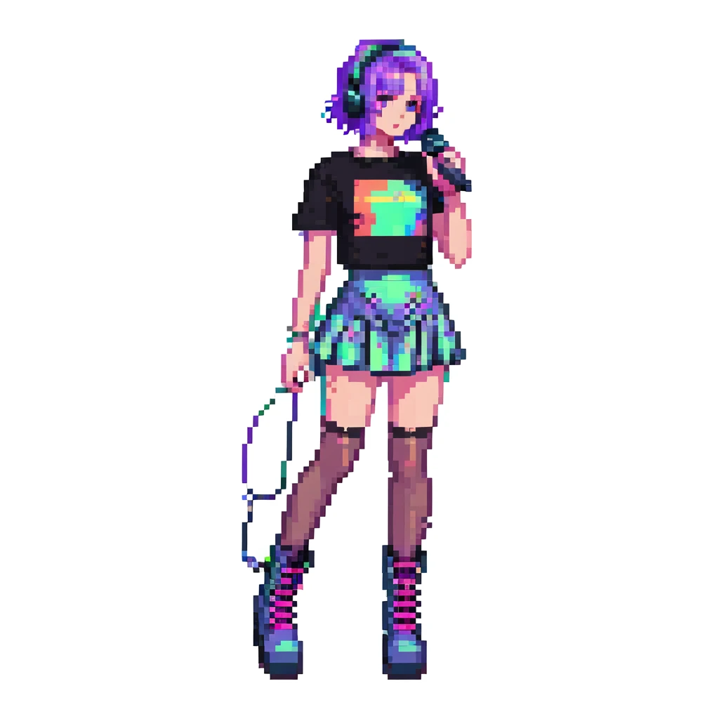 Slayyyter in a pixel art style, short skirt, platform boots, microphone, neon background emoji