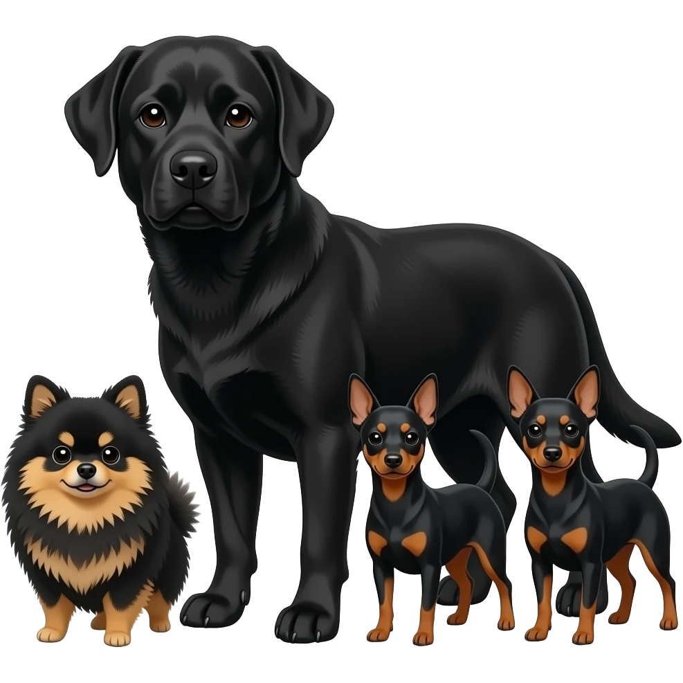 Large older black lab and small black and tan pomeranian together with 2 black and tan miniature pinchers that are slightly taller than the pom emoji