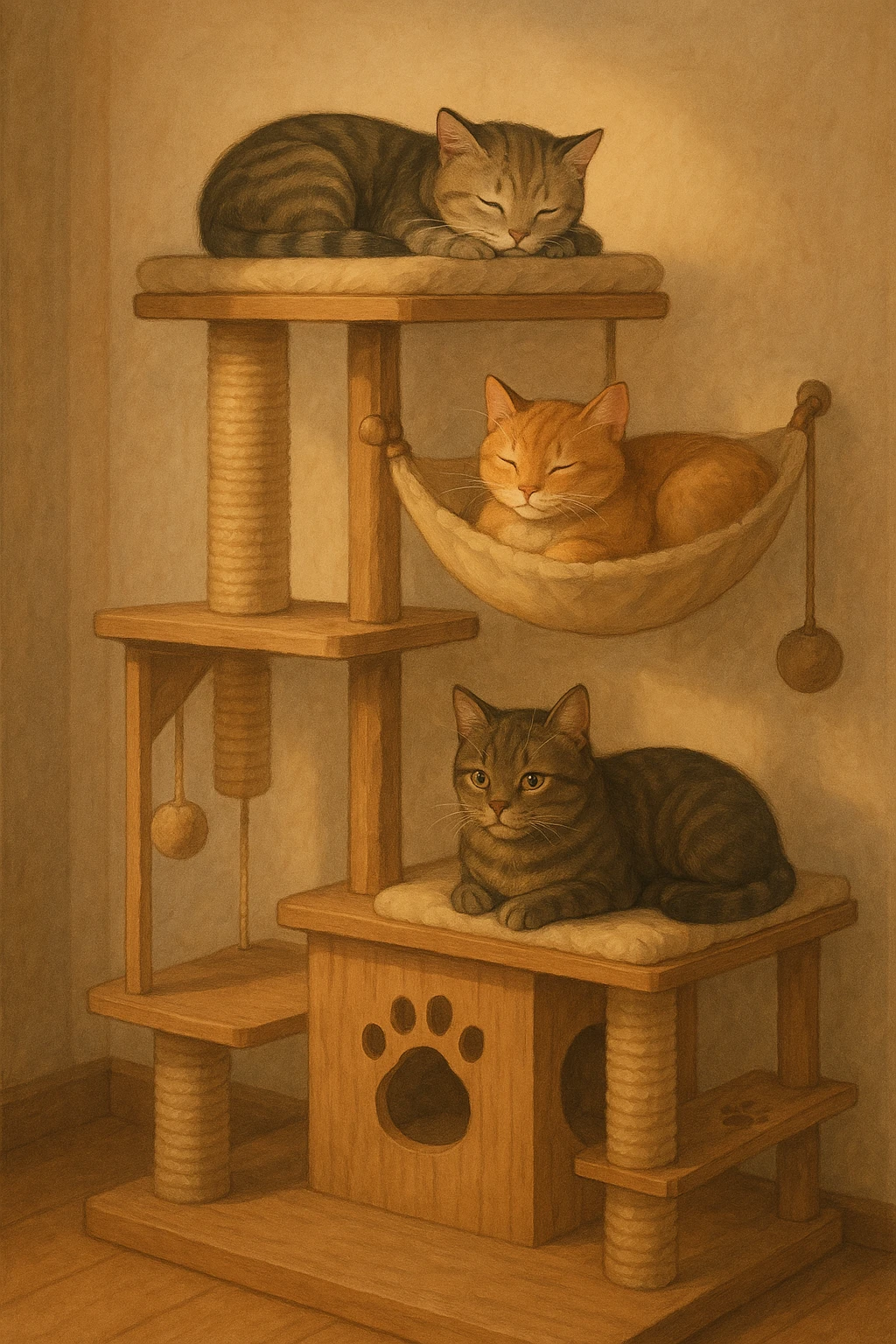 cats relaxing in a vertical playhouse emoji