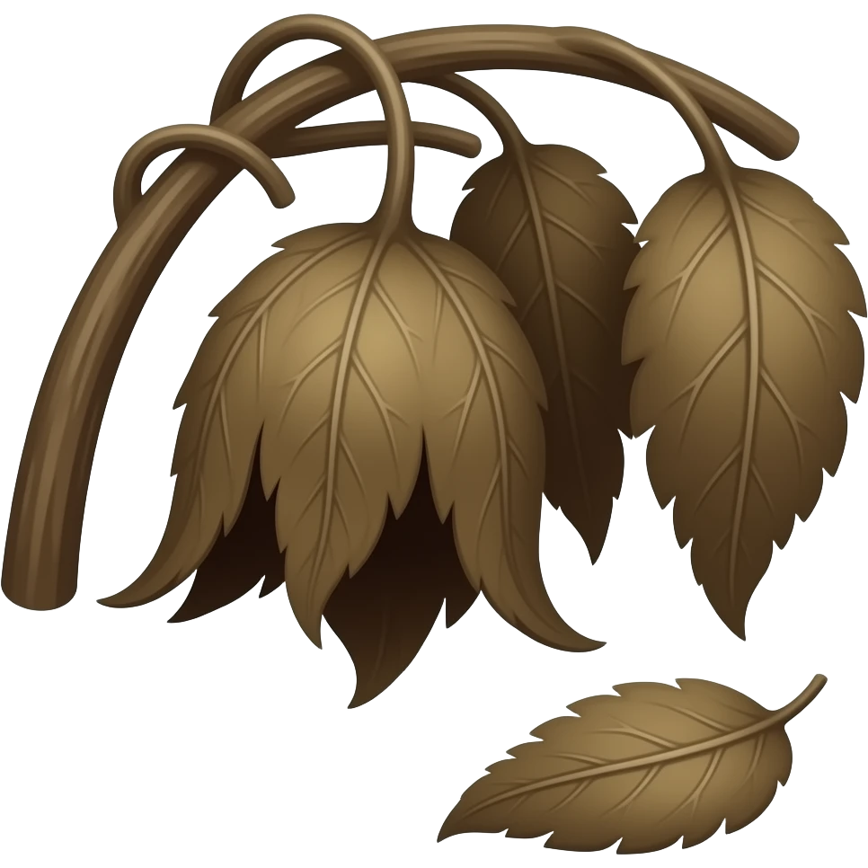 Wilted dead dark brown plant from the ground with leafs hanging and a leaf falling to the ground emoji