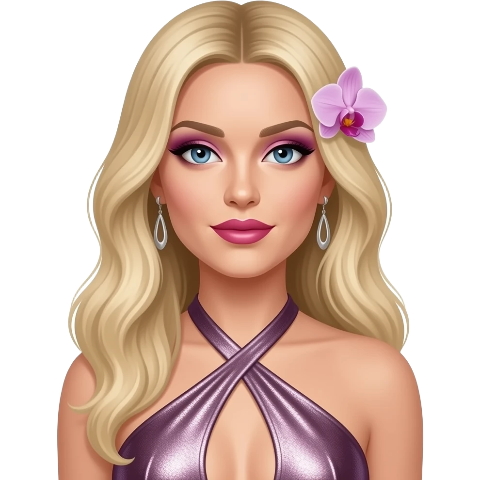 Fergie from Wild Orchid with blue eyes, long blonde hair, orchid eyeshadow, hot pink lipstick, orchid metallic halter dress, silver earrings emoji