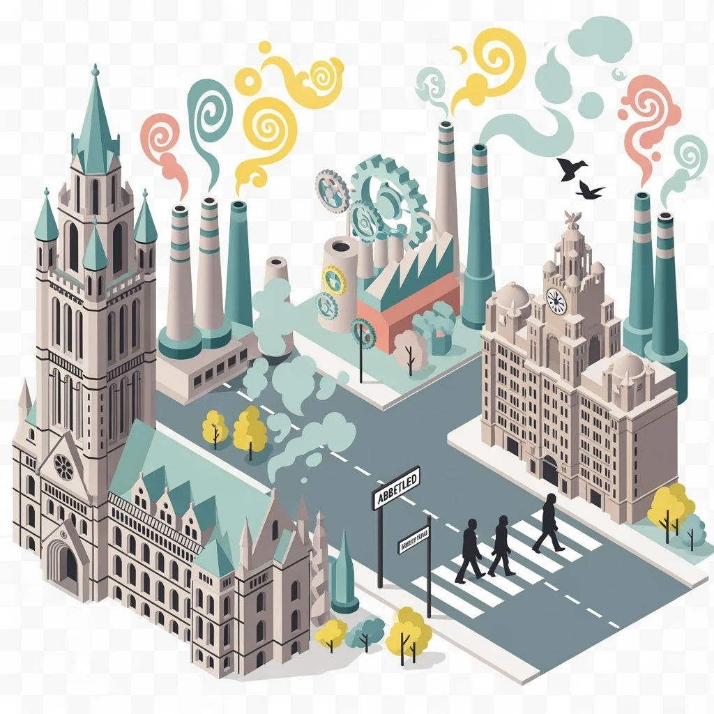 Isometric illustration of Manchester and Liverpool combined, featuring Beatles references (Abbey Road sign), Manchester Town Hall, toy-style factories, muted pastel tones, transparent background emoji