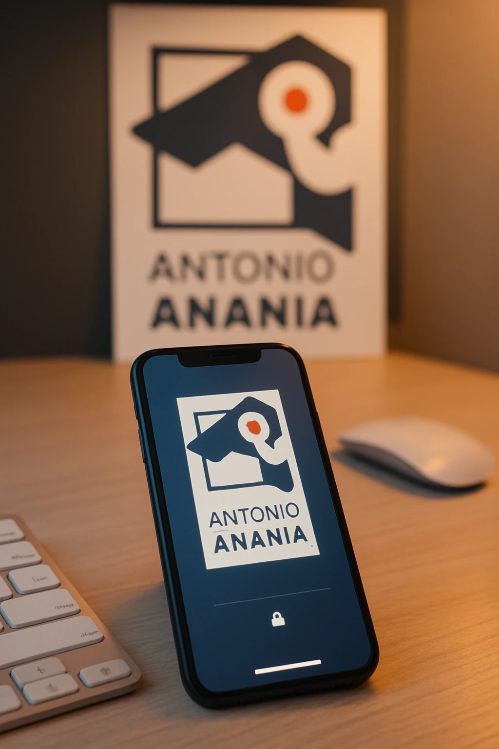 A photo of an iPhone on the desk with the logo of "Antonio Anania" on its screen, The phone sits atop a desk with a blurred with the logo in the background that suggests work environment. A faint glow from above casts gentle shadows across the surface of each object, creating depth and highlighting their textures emoji