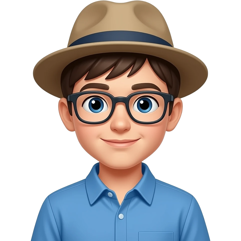 a boy with blue shirt wear a hat and glass emoji