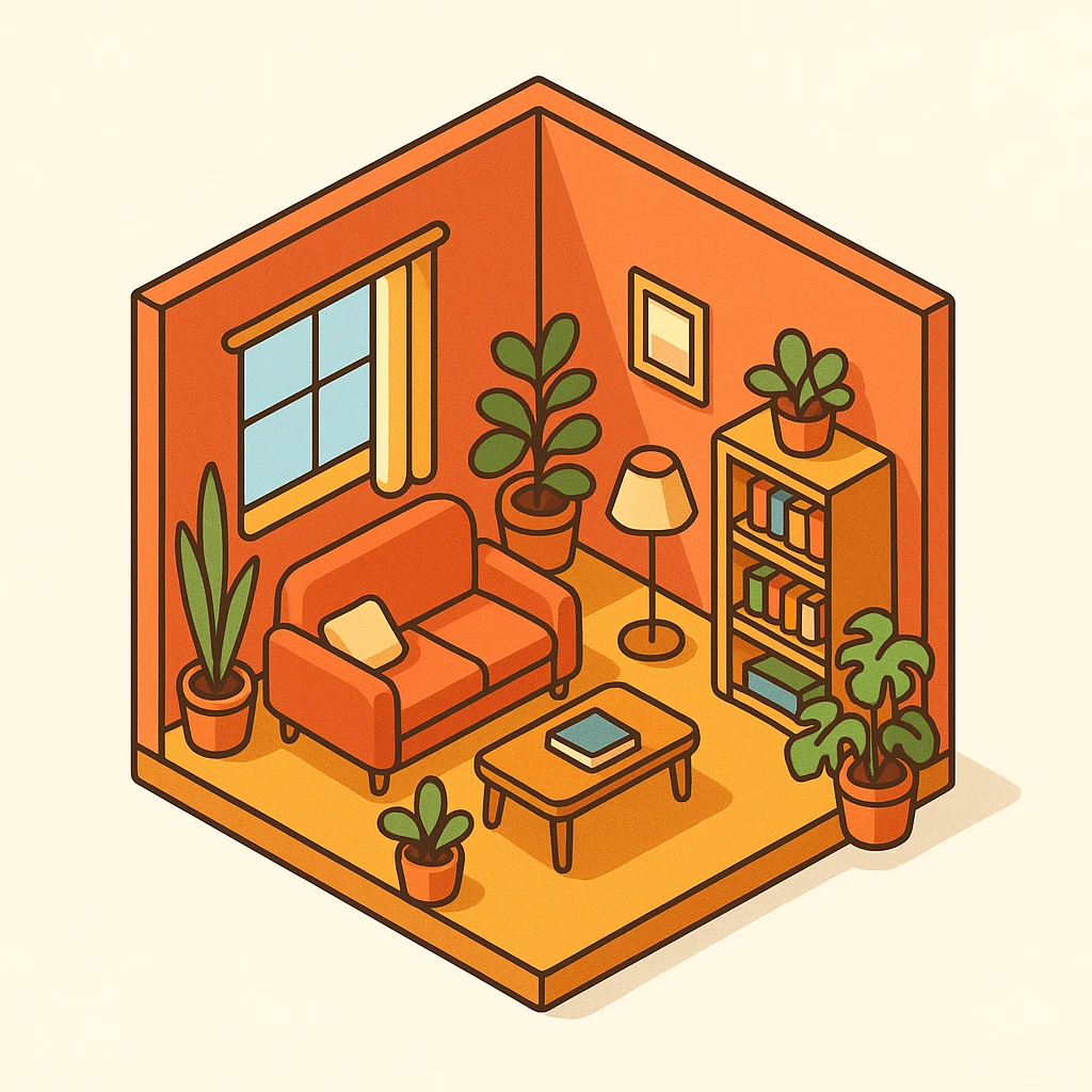 apartment interior isometric, cozy style, warm lighting, lots of plants emoji