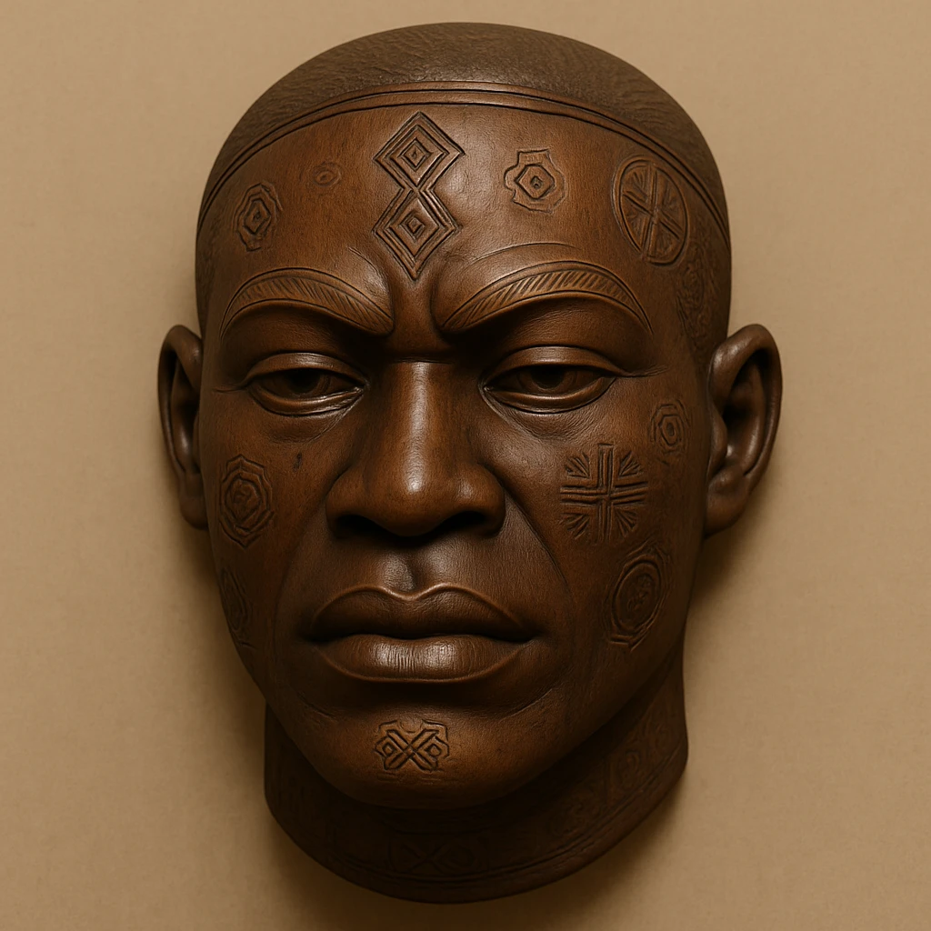 Modify this Mwana Pwo mask to a male Cokwe mask, a classic African mask with a strong masculine face, smooth wood texture, and cultural symbolism. Use a minimal background to keep the focus on the mask. emoji
