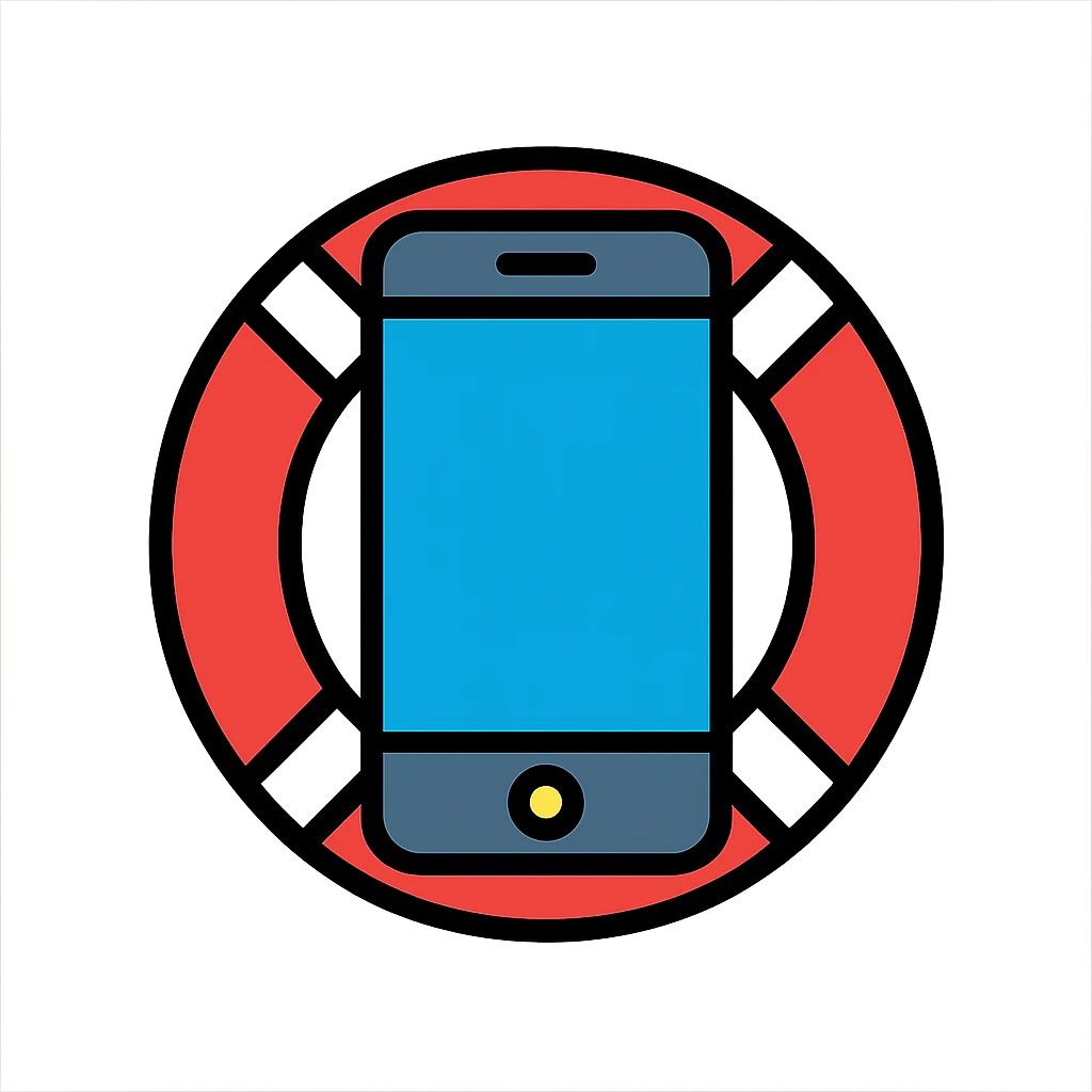 smartphone inside a lifebuoy, icon style, vibrant colors emoji