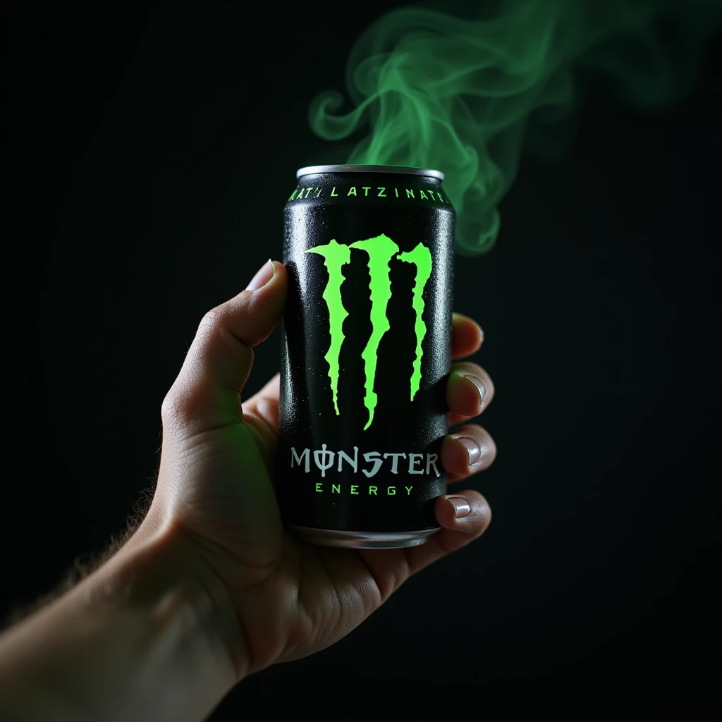 photorealistic monster energy drink can in hand with dynamic lighting and neon green logo, on a dark background emoji