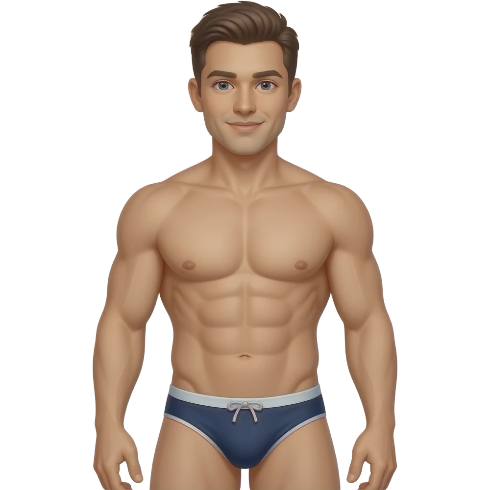 shirtless muscular man, with a bulge in his speedo trunks emoji