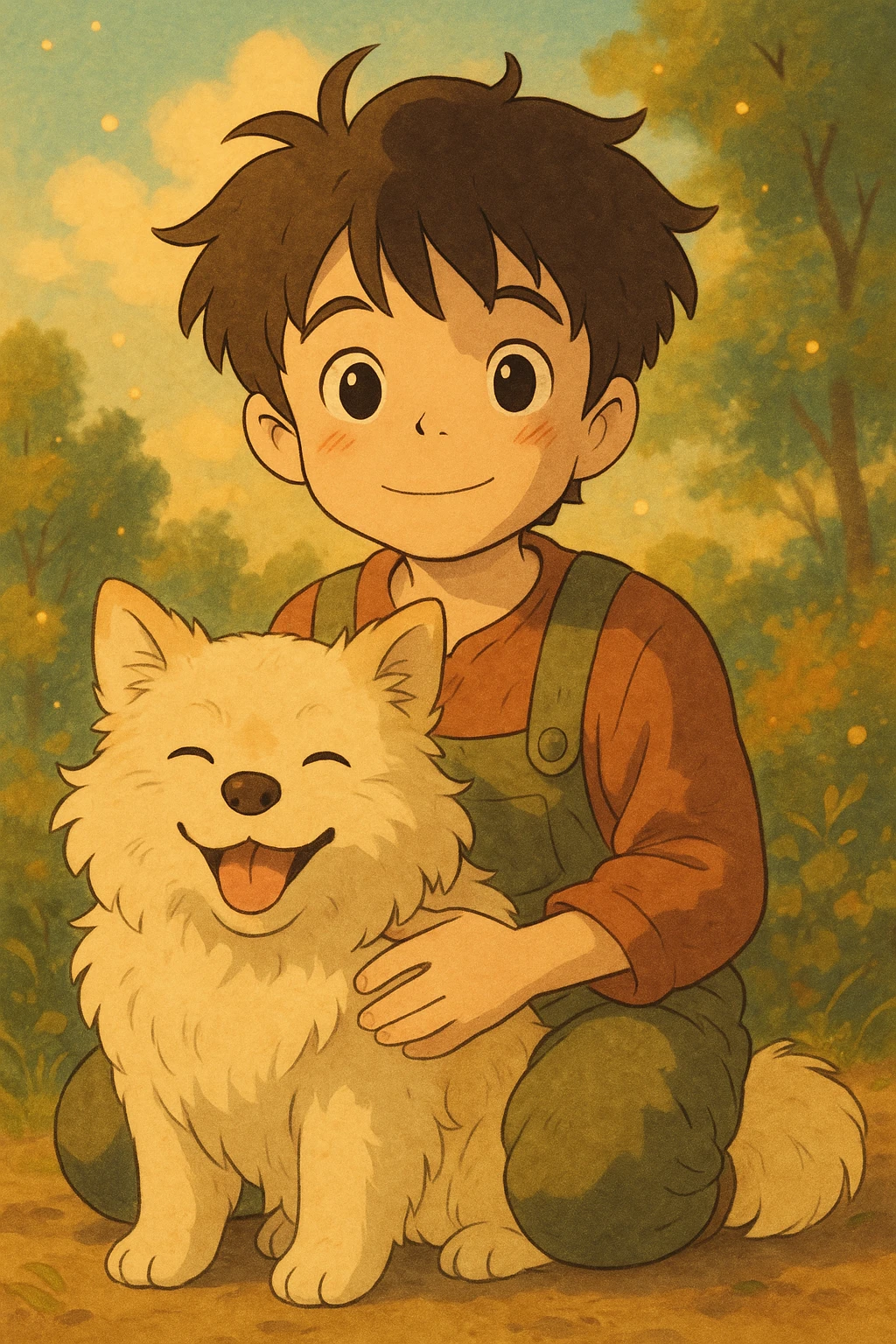 kid and his pet dog in studio ghibili style emoji