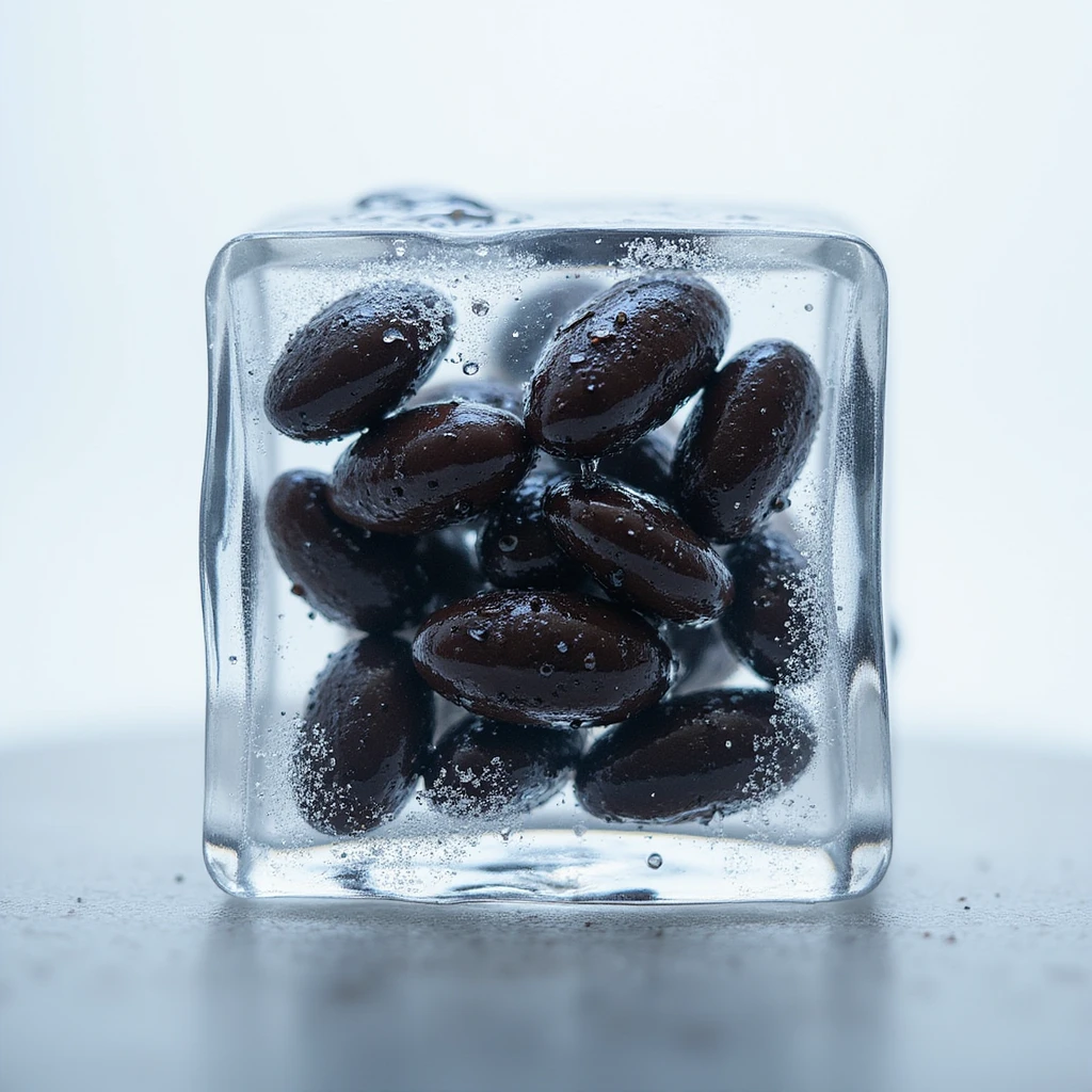 Make this image photorealistic, with black beans inside a clear ice cube. Add visible frost and condensation on the surface. Keep the background transparent. emoji