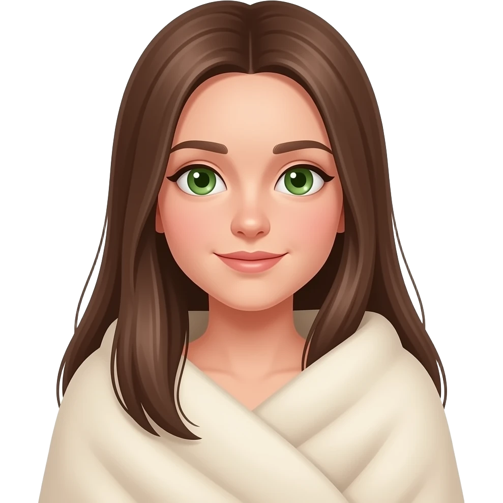 girl with long straight brown hair and green eyes wrapped in a soft light beige blanket without any patterns on it emoji