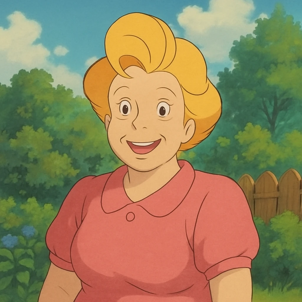 Bunny Bravo from Johnny Bravo, Johnny's mom, cheerful woman with blonde hair, pink dress, in Ghibli art style emoji
