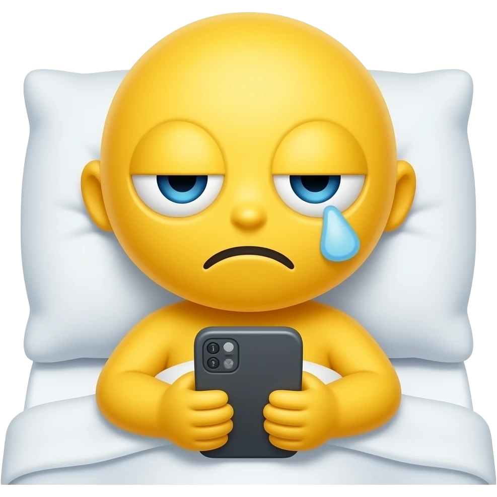 Yellow tired smiley reading phone messages in bed with one eye open sleepy expression emoji