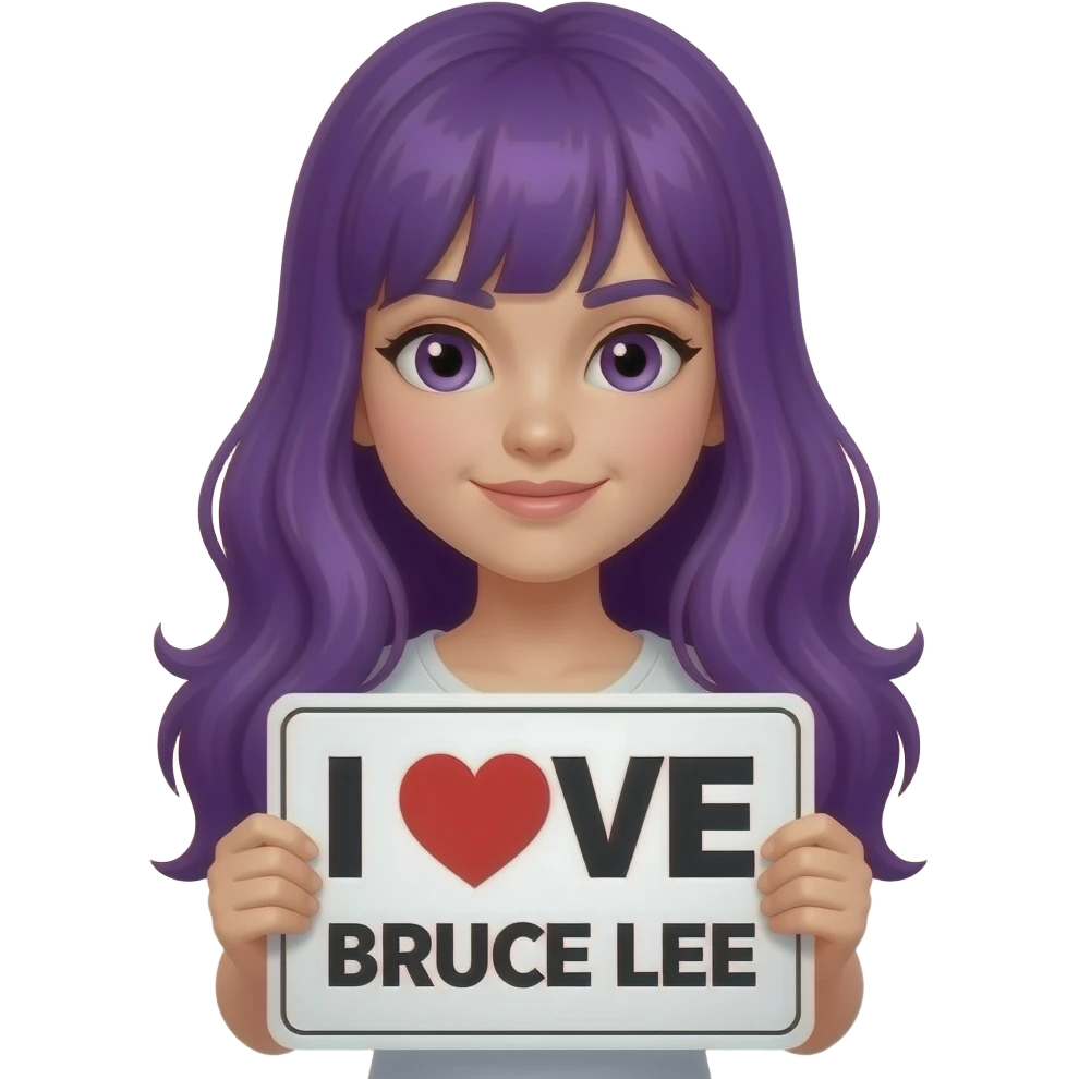 girl with long purple hair holding a I LOVE BRUCE LEE sign emoji